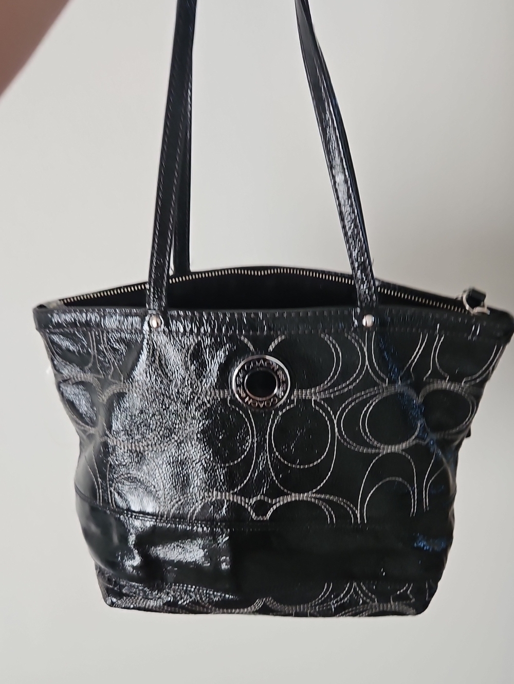 Coach Black Patent Leather Shoulder Tote with Signature Circles